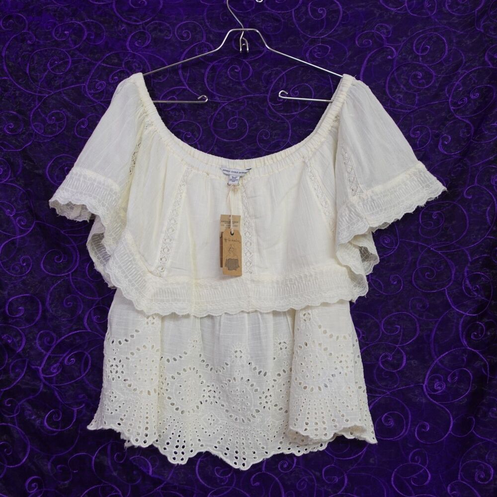 American Eagle Womens Sz XL Off Shoulder Short Top Cotton Eyelet Tiered Ivory
